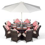 Arizona Luxury Large 8 Seater Brown Rattan Dining Set with Ice Bucket Drinks Cooler | Outdoor Poly Rattan Garden Table & Chairs Set with Parasol & Cover