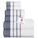 Casa Copenhagen White Bay 600 GSM Egyptian Cotton Towel for Hotel Spa Kitchen Bathroom, Set of 6, 2Bath, 2Hands, 2Washcloths - White with Blue and Grey Border