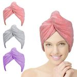 ACWOO Hair Turban Towel, 3 Pack Hair Dry Cap, Soft Microfiber Hair Drying Towels, Super Absorbent Fast Dry Bath Head Wrap for Women (Pink & Purple & Grey)