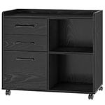 Rolanstar File Cabinet 3-Drawers, Mobile Lateral Filing Cabinet, Printer Stand with Open Storage Shelf, Rolling Filing Cabinet with Wheels for Letter Size,Black