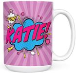 Mug Monster - Personalised Name Mug, Comic Super Hero Customised Gift with Text - Ceramic Coffee Mug/Cup, Gift for Men or Women, Extra Large and Giant Mug Available, 15oz White Mug, Purple