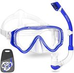 WACOOL Snorkeling Snorkel Package Set for Kids Youth Junior, Anti-Fog Coated Glass Diving Mask, Snorkel with Silicon Mouth Piece,Purge Valve and Anti-Splash Guard. (DarkBlue)