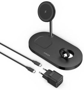 Anker Station de charge magnétique avec chargeur de 20 W, chargeur magnétique 3 en 1, câble USB-C de 150 cm, pour iPhone 16/15/14/13/12, AirPods Pro 2, Apple Watch 1-6 (sans câble de montre)