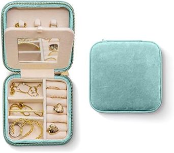 BENEVOLENCE LA Plush Velvet Travel Jewelry Box Organizer | Travel Jewelry Case, Jewelry Travel Organizer | Small Jewelry Box for Women, Jewelry Travel Case | Earring Organizer with Mirror- Cyan Blue