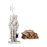 Relaxdays Modern Cast Iron Fire Irons. 4-Piece Fireplace Companion Set with Shovel, Broom, Poker and Rack, Silver