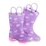 FUNCOO PLUS Toddler Light Up Wellies, Unicorn Unisex Kids Wellingtons Boots for Boys Girls Childrens Easy-on Rain boots with Handles, Size 6 UK Child