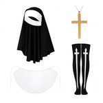 Bofeiya 4 Pack Nun Costume Set, Nun Headpiece and Collar Cross Pendent Necklace and Nun Knee Thigh High Socks for Halloween Cosplay Women Fancy Dress Up, Carnival Masquerade Party Cosplay Accessories