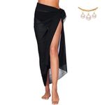 ZOCONE Women Beach Wrap Black Sarongs for Women Beachwear Sarong Wrap Skirt 110x145cm with Faux Pearl Brooch Pins, Black Sarong Beach Skirt Chiffon Swim Sarong Coverups for Summer Holiday-Regular Size