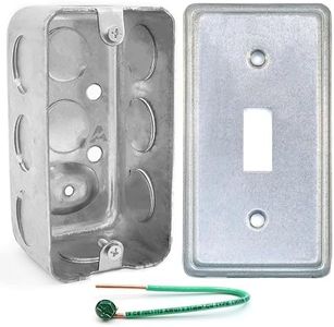 (Pack of Box and Cover) 4x2 Inch Utility Electrical Box, Outlet Box, Toggle Switch Cover, Drawn Construction, Ten 1/2 Inch Knockouts, Raised Ground, 1-7/8" Deep, 13 Cu. in. Capacity, Galvanized Steel