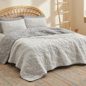 Bedsure Queen Quilt Bedding Set - Lightweight Summer Quilt Bed Set, Reversible Light Grey Bedspread Coverlet Celestial for All Seasons (Includes 1 Quilt, 2 Pillow Shams)