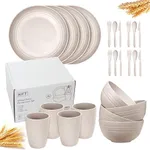 KFT Wheat Straw Dinnerware Sets for 4 Lightweight & Unbreakable Dishes Microwave & Dishwasher Safe Perfect for Camping, Picnic, RV, Dorm Plates, Cups and Bowls