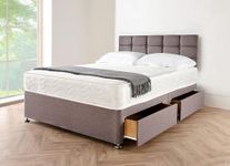 Super King Size Grey Linen Look Spring Memory Foam Divan Bed Base With Mattress,2 Storage Drawers And Free Matching Color Cube Headboard