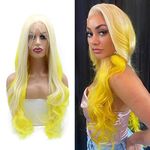 613 Blonde Yellow Lace Front Wigs for Women Mint Yellow Synthetic Lace Wig Long Wavy Mixed Colorful Wigs Natural Hairline Realistic Gluelesss Hair Replacement Wigs Lacefront Halloween Cosplay Makeup Party 24”