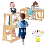 Kids Kitchen Step Stool with Whiteboard and Safety Rail, Wooden Toddler Learning Standing Tower Anti-Slip Platform Removable Step Stool for Kitchen Counter, Bathroom Sink, Adult Use