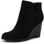 LAICIGO Womens V Cut Wedge Ankle Booties Zip-up Closed Toe Stacked Heel Faux Suede Winter Boots, Black, 7