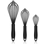 Dishwasher Safe Silicone Whisk, Sealed Waterproof Design Set of 3, Professional Kitchen Whisks for Cooking Non-Scratch, Silicone & Stainless Steel Whisk, Heat Resistant Balloon Egg Beater, Black