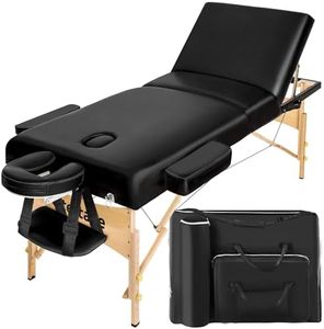 tectake höhenverstellbare Massageliege 3 Zonen, Massageliege klappbar, Massagetisch, 10 cm Polsterung, mobile Massageliege, Kopf-und Armstütze, Massagebank mit Holzfüßen, Zubehör Tragetasche - schwarz