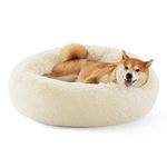 Bedsure Long Plush Calming Dog Bed - Washable Round Dog Bed - 30 inches Anti-Slip Faux Fur Donut Cuddler Round Cat Bed - Fits up to 45 lbs, Self Warming - Cream