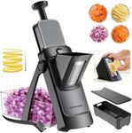 Jonscook 7-in-1 Safe Mandoline Slicer for Kitchen, Vegetable Slicer with Container, Veggie Chopper Cutter, Upgraded Tray & Stainless Steel Grater & Basket & Lid & Cleaning Brush (Black Knight Pro)