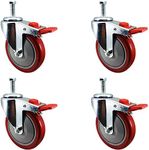 5 Inch Total Lock Caster - Red Polyurethane Wheel - 1/2"-13 x 1.5" Threaded Stem Set of 4