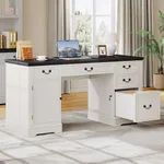 YITAHOME Computer Desk with Drawers, 59" Farmhouse Executive Desk with Power Outlets, Wood Office Desk with Storage Cabinet, Keyboard Tray, Workstation for Home Office, Black & Off White