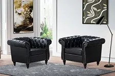 Chesterfield 2-Piece Set - Black Faux Leather Chairs for Living Room, Office, Bedroom - Roll Arm Accent Chairs with Deep-Seat Comfy Classic Club Wingback Style