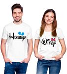 Hangout Hub Hangout-Hub556$P Men's & Women's Couples Tshirt for Couple | Hubby Wifey (White|Men L Women S) Printed T-Shirts | Round Neck | Cotton | Regular Fit (Set of 2 Half Sleeves)