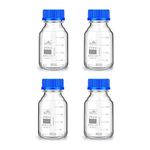 Bello Borosilicate Glass reagent bottle 250ml with leak proof Blue Screw Cap pack of 4 for glassware wide mouth chemical bottles for lab, laboratory, kitchen and professional use