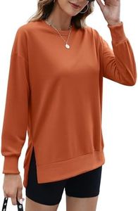 ECOWISH Women Side Split Sweatshirt: Fall Crewneck Long Sleeve Oversized Shirts Casual Loose Solid Pullover Tops Tunics 409 Orange Brown L