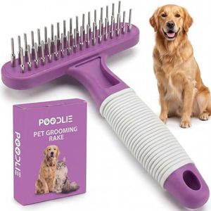 POODLIE Poodle Pet Dog Grooming Rake| Dematting Tool with Stainless Steel Shedding Comb for Pets | 2 Rows of Pins Gently Remove Loose or Tangled Hair from Undercoat | Purple Handle