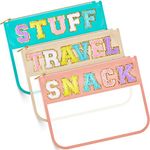 3 Pcs Chenille Letter Clear Zipper Pouch for Travel Waterproof Cosmetic Pouch Clear Snack Bags Nylon Clear Cosmetic Bag Multipurpose Travel Bag Makeup Travel Bag for Women Girl (Travel, Stuff, Snack)