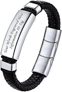 Personalized Men Leather Cord Bracelets with Solid Stainless Steel ID Tag Words Engravable Fashion Men Wrap Wrist Leather Band, Great Gifts for Husband Boyfriend Dad