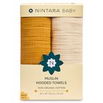 Nintara Baby Hooded Towel - 100% Organic Premium Muslin Cotton, 30" x 30" (76 cm x 76 cm), Ultra-Absorbent, Soft, Breathable, Hypoallergenic, Multipurpose, Gifts for Babies & Infants, Pack of 2