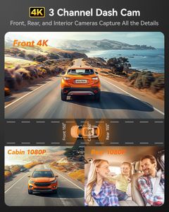 WOLFBOX 4K 3-Channel Dash Cam with WiFi, 64GB Card, GPS, Night Vision