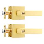 2 Pack Square Entry Exterior Door Levers with Keys, Heavy Duty Door Hardware, Satin Brass Finished, Left/Right Handing, Modern Golden Door Handle(Different Keys)