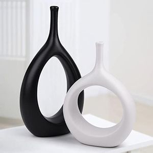 Vases 2PCS Noirs et Blancs,Vase Decoratif Moderne pour Herbe de la Pampa,Ceramique Donut Vases Vintage Decoration pour Fleurs Maison Chambre à Coucher Table à Manger,Salon Bureau Mariage Cadeau