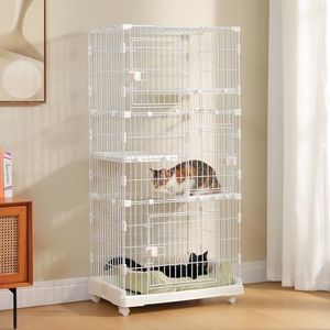PAWZ Road 4-Tier Cat Cage, 72 x 46 x 145 CM Large Cat Enclosure with Ladder& DIY Platform, Metal Wire Kennel for Indoor/Outdoor Cats, White