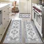 Yamaziot Boho Washable Kitchen Rugs Sets of 3, Non Slip Kitchen Mats for Floor with Rubber Backing, Waterproof & Stain Resistant Thick Carpet Runner Throw Rugs for Kitchen, Laundry Room, Hallway, Grey