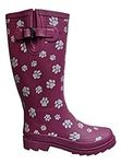 Womens Ladies Wellies Rubber Rain Boots Wellingtons Short & Tall Dog Paw Skull Festival Snow Buckle Adjustable (Plum Tall Dog Paw, UK Footwear Size System, Adult, Women, Numeric, Medium, 5)