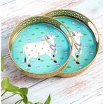 Asia Handicrafts Round Tray Set of 2 Cow Green Pichwai Trays (Size = 8" and 10") | Best for Home Decor, Wedding Gift, Diwali Gift and Multiuse | High Glossy Raisen Work Trays Featuring