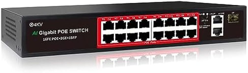 PoE Switch with 16 POE Ports +2 Gigabit Uplink,1 x 1G SFP,802.3af/at PoE+ 100Mbps, 200W Built-in Power, Extend to 250Meter,Unmanaged Metal Plug and Play