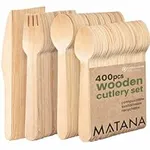 MATANA - 400 Mini Disposable Wooden Cutlery Set Eco-Friendly 100% Natural Wood - 100 Forks, 100 Knives, 100 Spoons, 100 Teaspoons - Biodegradable & Compostable