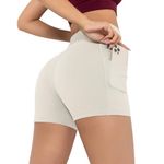 Darkterror Workout Shorts Women Spandex High Crossover Waist Gym Athletic Yoga Running with Pockets(Beige,S)