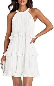 ZESICA Women's 2024 Summer Halter Dresses Sleeveless Ruffle Tiered Layered Chiffon Pleated A Line Swing Mini Dress, White, Small