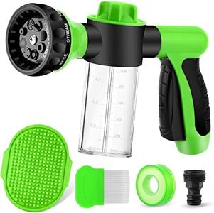 Dog Wash Sprayer Outdoor, 8-in-1 Dog Sprayer Hose Attachment with Massage Brush and Pet Grooming Comb, 3/4 Inch Standard Garden Hose Nozzle for Watering Flowers, Car Washing, Pet Bathing(Green)