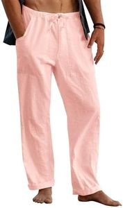 Gafeng Mens Linen Pants Yoga Beach Loose Fit Casual Summer Elastic Waist Drawstring Baggy Trousers with Pockets Pink