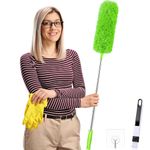 Feather Duster,Dusters For Cleaning Extendable,With30-240cm Pole Telescopic Cobweb Brush,Long Pole Handled Retractable Gap Dust Cleaner,Reusable Bendable Washable,For Ceiling Fan Ceiling Green