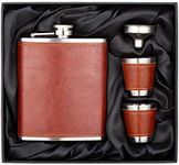 7 Oz Stainless Steel Hip Flask Gift Set Brown Leather with 2 Cups and Funnel 100% Leak Proof for Alcohol, Whiskey, Rum and Vodka Pocket Mini Drinking Flasks