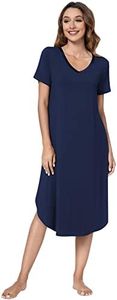 QUALFORT Womens Nightgowns Short Sleeve Nightgown V Neck Loungewear Side Slit Soft Nighdress, A-navy Blue, Small