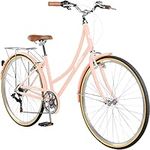 Retrospec Beaumont City Bike 7-Speed Step Through City Bike Commuter Bicycle for Men and Women with High-Tensile Strength Steel Frame, Rear Rack and Safety Bell; Blush, 42cm